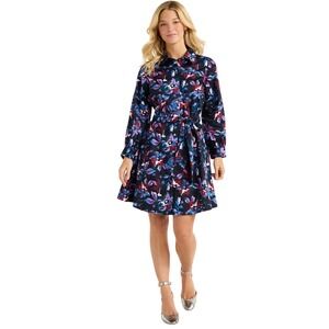Free Assembly Womens Floral Long Sleeve Mini Shirt Dress Navy Purple Red M Chic